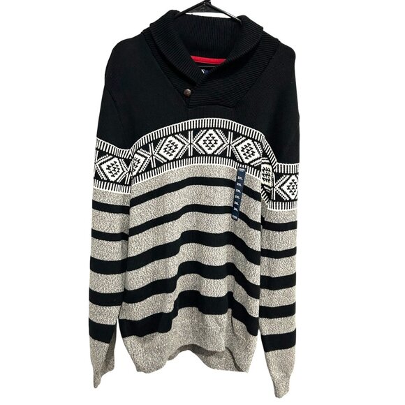 Chaps Mens NE2XL Shawl Collar Knit Sweater Black & Gray Striped Geometric Patter - Picture 1 of 9